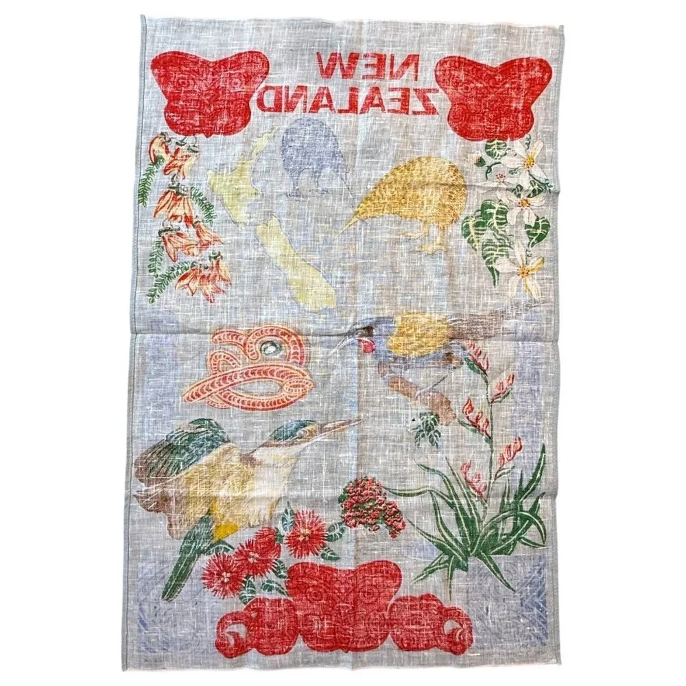 VTG Unused New Zealand Linen‎ Tea Towel Birds Flowers Map Design Souvenir Retro